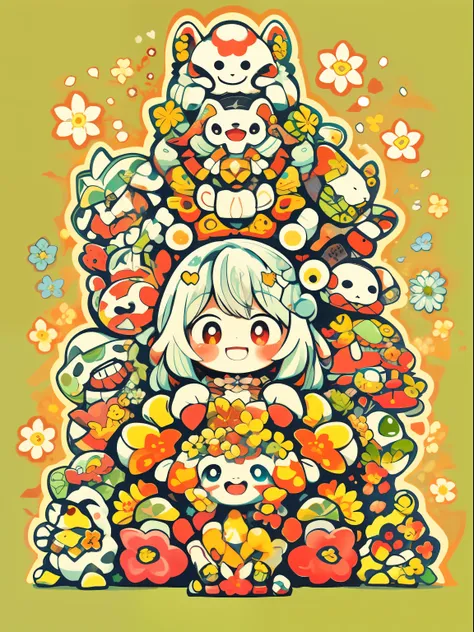 Lots of pictures of cute little animals, Tower of Flowers, 🍁 Cute, by Kubisi art, Stacked around, Many flowers, cute artwork, Cute Cyber God々, Cute art style, Some red and yellow, Lots of mecha flowers, nintendo game art, cute detailed artwork, cute detail...