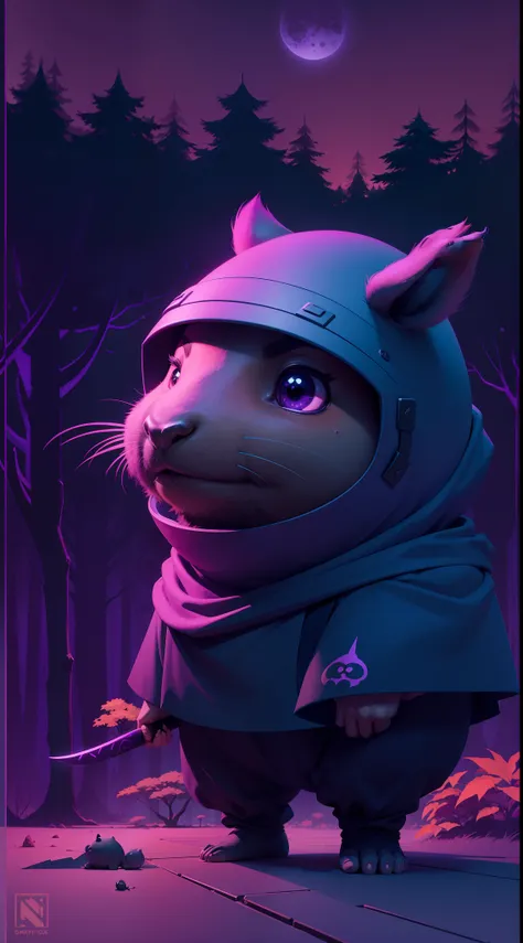 Create a vibrant dark fantasy cute ninja capybara in a clean-lined minimalistic cartoon style, in the background a beautiful forest and a bright purple moon, octane render, 8k