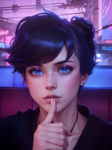 whaite hair，blueneyes，The background is a bar in the cyberpunk world