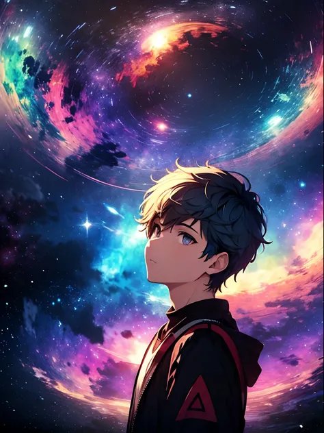 Boy, cloud, colorful, masterpiece, cosmic background