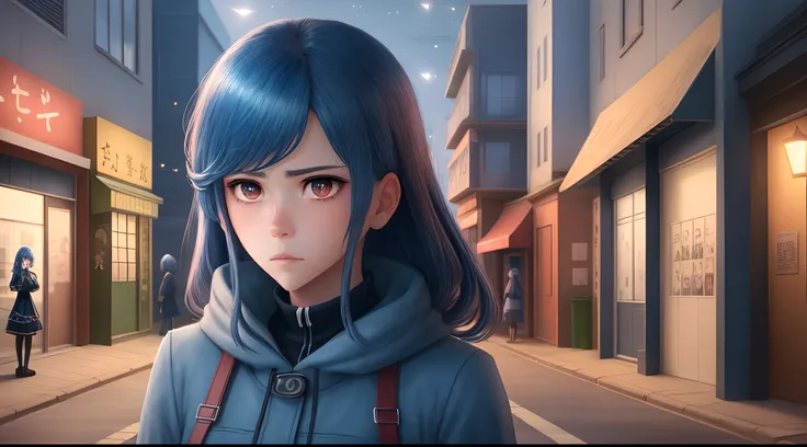 Tsundere，Dark blue hair，The expression is cold，pupils，Background night street，Two-dimensional girl，masterpiece，Ray traching，cg render，Anime comic style