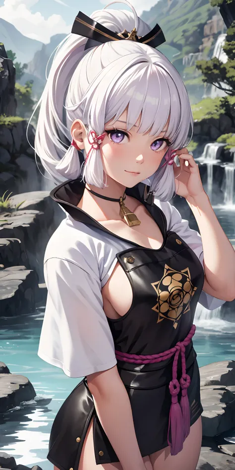 1girl, white hair, purple eyes, portrait, realistic, towel, (onsen), sidelighting, wallpaper, nsfw,Black clothes