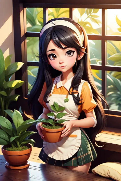 Anime girl in apron standing at table holding plants, iwakura lain, hyuga hyuga, Misato Katsuragi, anya from spy x family, Shinkai sincerely, mayuri shiina from steins gate, honest, close up iwakura lain, illustrious makinami, Also, lain iwakura