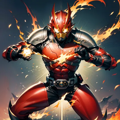 （(best qualtiy))，A Kamen Rider，Master of martial arts，Wear protective equipment with Chinese characteristics，Dragon-shaped flames wrapped around the body，divino，The feeling of invincibility。