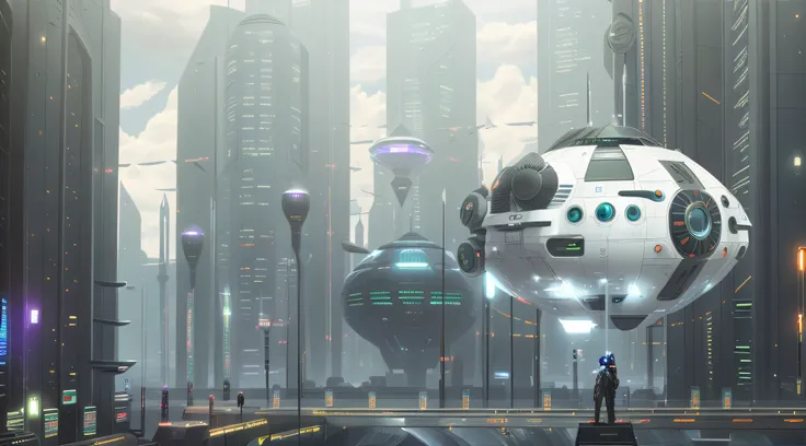 Cidade futurista com uma nave espacial futurista flutuando no ar, Em Fantasy Sci - Cidade de Fi:, futuristic metropolis, Sci - Cidade de Fi, In a futuristic city, em uma cidade cyberpunk futurista, futuristic cityscape, futuristic city backdrop, futuristic...