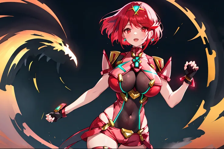 pyra (xenoblade), teen_1girl, armor, bangs, black gloves, breasts, red eyes, closed mouth, earrings, eyelashes, fingerless gloves, floating hair, framed breasts, gem, gloves, hair ornament, headpiece, jewelry, big_breasts, leaning back, leotard, neon trim,...