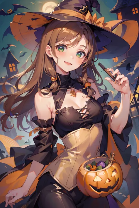 (masterpiece), (best quality), ultra high res, sharp focus, ((1 woman, solo)), (warm orange pastel color), upper body, medium long shot, MLS, in the crowds of city, autumn season, halloween season , (at the beautiful night time:1.2), beautiful detailed hai...