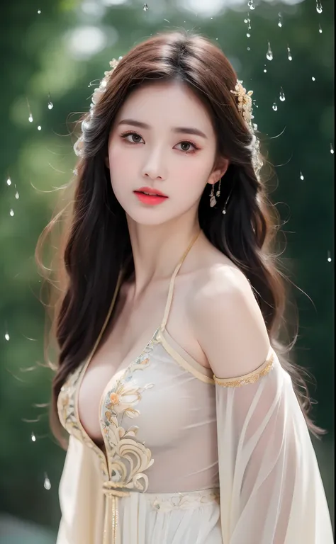 ((Best Quality, 8k, Masterpiece: 1.3)), Focus: 1.2, Perfect Body Beauty: 1.4, Buttocks: 1.2, ((Layered Haircut)), (Wet Clothes: 1.1), (Rain, Street:1.3), (Breasts: 1.2), (Hanfu: 1.2), Bare Shoulders, Bare Legs, Highly Detailed Face and Skin Texture, Fine E...