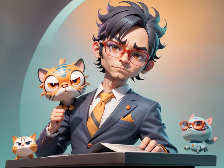 A young man in a suit, Short hair and glasses sat at his desk，holding laptop，digitial painting，tigre，3D character design by Mark Clairen and Pixar and Hayao Miyazaki and Akira Toriyama，4K HD illustration，Very detailed facial features and cartoon-style visu...