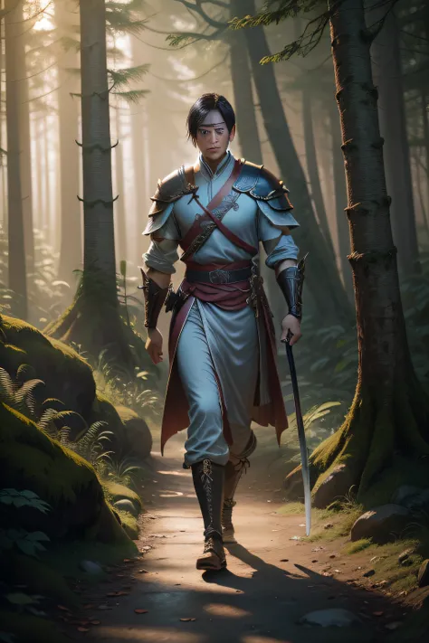 Tall Chinese man with a sword walking down a path in the forest, fantasy style 8 k octane render, adventure hyper realistic render, (rendering by octane) Fantasy style, Personagem pequeno. Unreal Engine 5, hold sword in the forest, Realistic fantasy render...