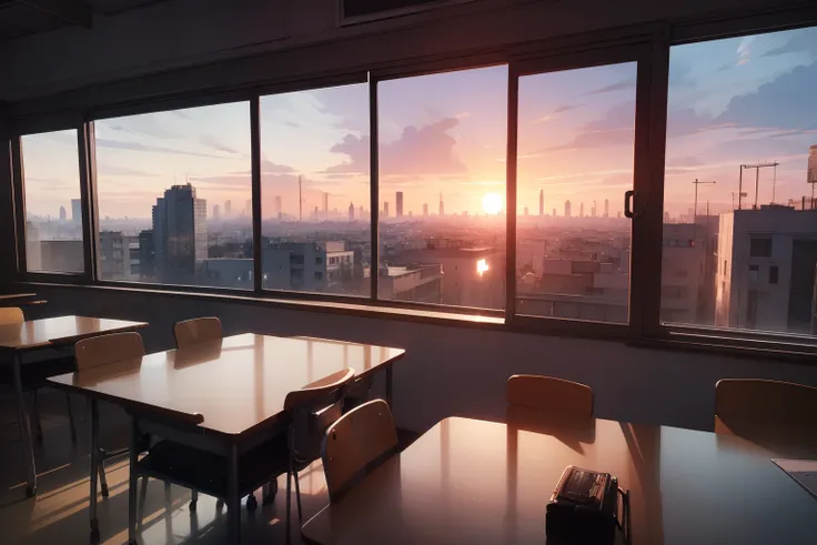 ultra quality, ultla highres, hyper detailed, high contrast, super fine illustration, creative refinement, Sunset, stylish cityscape, view from inside a classroom, distant view, students,