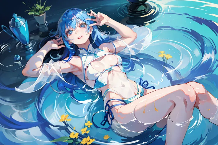 独奏、under the water、Swim with fish、Fancy swimsuit、Oxygen cylinder、Blue hair long、Fancy effects、Fancy action、Lots of colors、Beautiful eyes、Beautiful skins、​masterpiece、top-quality、tre anatomically correct、