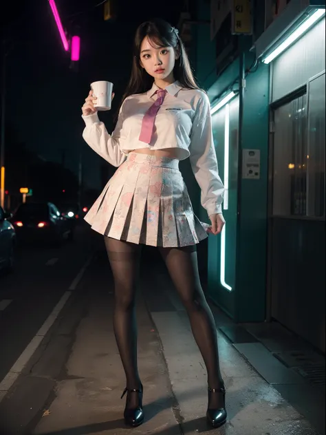 (full body:2)，(1girl:1.3),(view the viewer:1.4)，(anatomy correct:1.45),,(very thick printed pantyhose:1.4),( A woman Wear printed fantasy colorful JK student uniform pleated skirt and uniform pointed high-heeled leather shoes :1.35)，(A woman with large but...