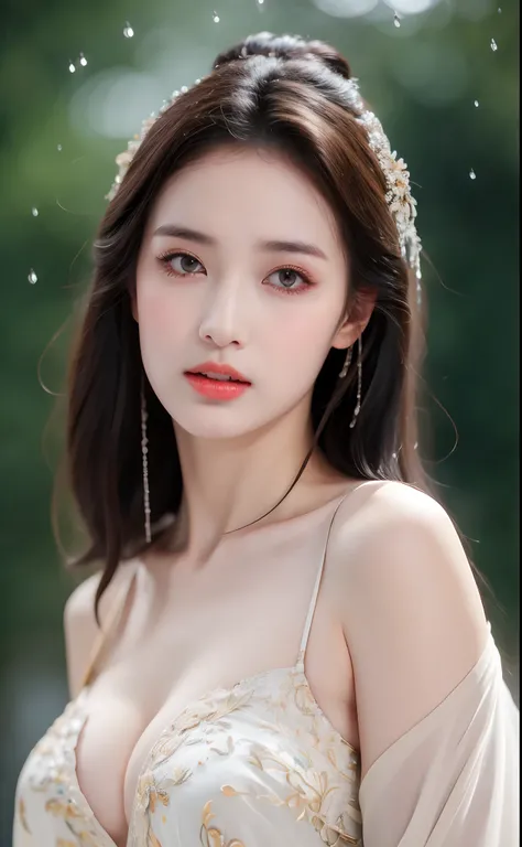 ((Best Quality, 8k, Masterpiece: 1.3)), Focus: 1.2, Perfect Body Beauty: 1.4, Buttocks: 1.2, ((Layered Haircut)), (Wet Clothes: 1.1), (Rain, Street:1.3), (Breasts: 1.2), (Hanfu: 1.2), Bare Shoulders, Bare Legs, Highly Detailed Face and Skin Texture, Fine E...