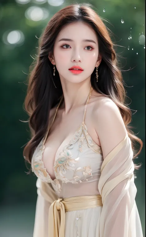 ((Best Quality, 8k, Masterpiece: 1.3)), Focus: 1.2, Perfect Body Beauty: 1.4, Buttocks: 1.2, ((Layered Haircut)), (Wet Clothes: 1.1), (Rain, Street:1.3), (Breasts: 1.2), (Hanfu: 1.2), Bare Shoulders, Bare Legs, Highly Detailed Face and Skin Texture, Fine E...