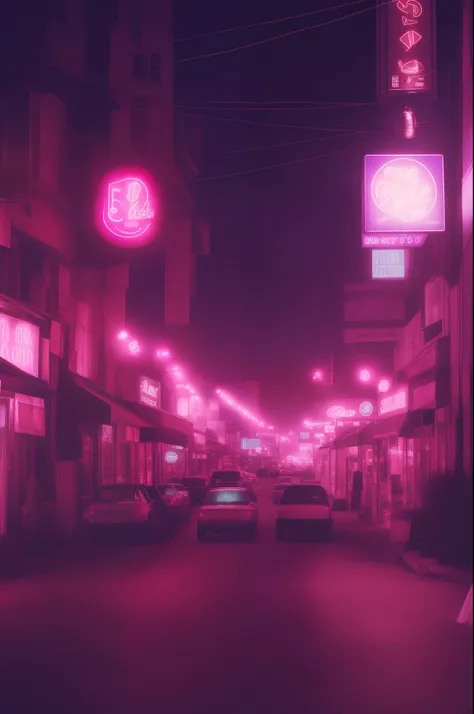 deep in the night、((In the street、Only one store with lights、The lights in the store with lights are pink、The lights in all but one shop are off.、Extinguished streetlights、The road in the foreground、Curved roads、Winding Road))、Foggy、Sateen、reflection、Lonel...