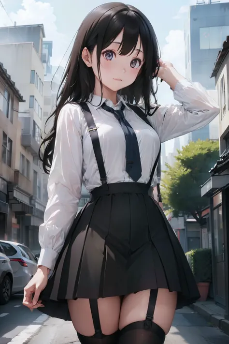 a black skirt, neck tie, white  shirt　suspenders, long black hair, gray eyes, holster, garter belt on the legs, moderately breas...