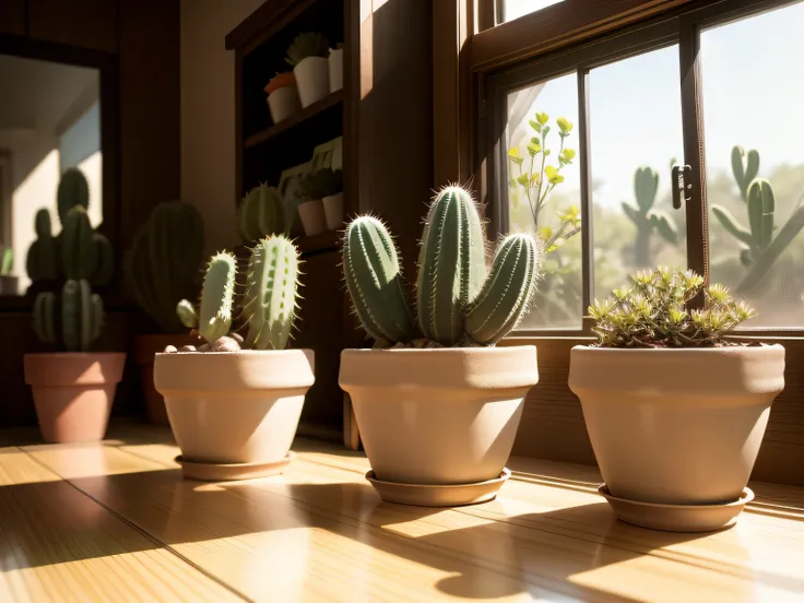 Potted plants of small cacti、by the window、photos realistic