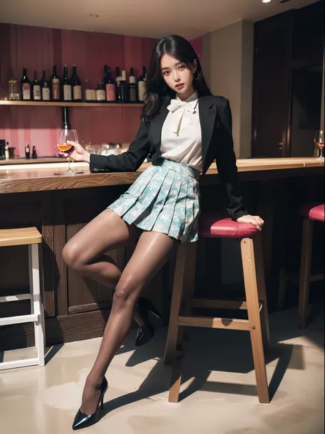 (full body:2)，(1girl:1.3),(view the viewer:1.4)，(anatomy correct:1.45),(Sitting at the bar holding a glass of wine:1.35),(very thick printed pantyhose:1.4),( A woman Wear printed fantasy colorful JK student uniform pleated skirt and uniform pointed high-he...