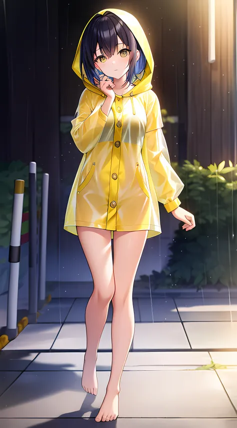 Yellow hood raincoat girl，stand posture，Positive perspective，Barefoot and barefoot，Downpour site，Accentuates the raincoat gel texture，Accentuates the translucent texture of the raincoat。