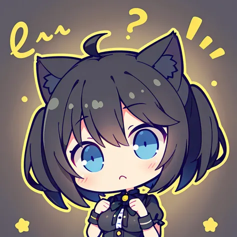 girl with、Chibi、((Best Quality, high_resolution, Distinct_image)),(Black hair), (Black cat ears), (Ahoge), (absurdly short hair), (Wavy Hair), (Blue eyes),frown.From the face.a very cute、mideum breasts、