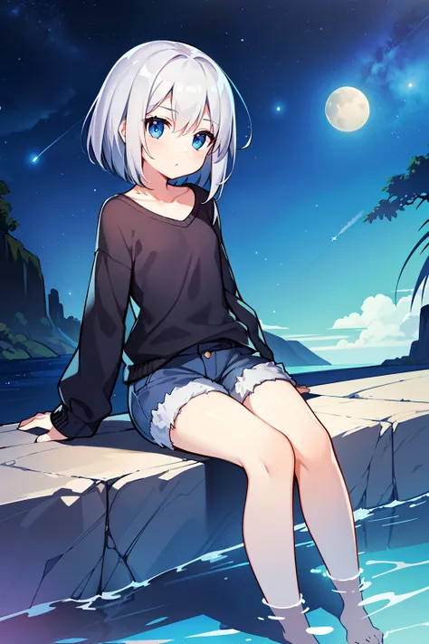 masterpiece, hyper quality, 1girl, solo girl, silver hair, blue eyes, ((straight hair)), (short hair), ((shoulder-length hair)), (black jumper), blue jeans, (short jeans), expressionless, sitting on the rock, with ones feet in the water, in the sea, in the...