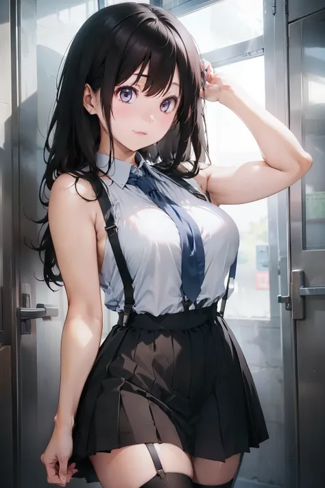 a black skirt, neck tie, tank tops　suspenders, long black hair, gray eyes, holster, garter belt on the legs, moderately breasts,...