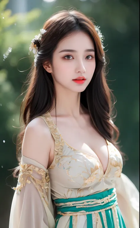 ((Best Quality, 8k, Masterpiece: 1.3)), Focus: 1.2, Perfect Body Beauty: 1.4, Buttocks: 1.2, ((Layered Haircut)), (Wet Clothes: 1.1), (Rain, Street:1.3), (Breasts: 1.2), (Hanfu: 1.2), Bare Shoulders, Bare Legs, Highly Detailed Face and Skin Texture, Fine E...