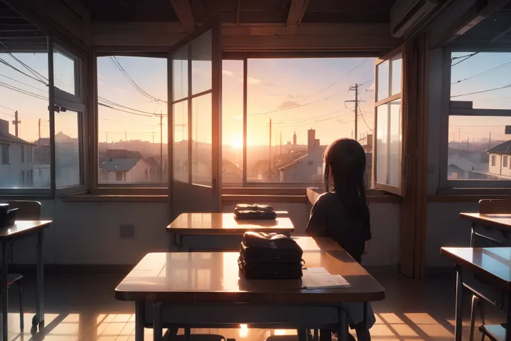 ultra-quality, ultla highres, Hyper Detailed, High contrast, superfine illustration, creative refinement, Sunset, Townscape of the near future, View from inside the classroom, Distant view, Has two girls,