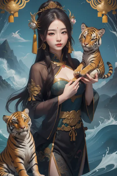 an ancient Chinese goddess, guanyin of the southern seas, Guanyin, Inspired by China, Avalokiteshvara rides a tiger，,Serene expression,shui mo hua,Buddha,Buddhist,Lotus,Chinese painting style,Thangka style