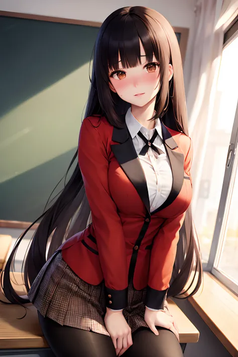 masterpiece, best quality, highres, hmjy1, long hair, blunt bangs, brown eyes, school uniform, red jacket, blazer, pantyhose, wh...