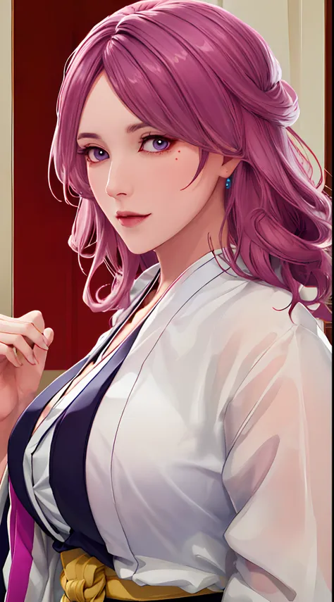 Inverted_Nipples，Japanese clothes，komono，haori，，((Masterpiece)),A high resolution, highlydetailed skin, insanely details, absurderes, ((Best quality))，tmasterpiece，top-quality，best qualityer， （（（Long hair,pink violet hair, Black Japanese clothing, black ki...