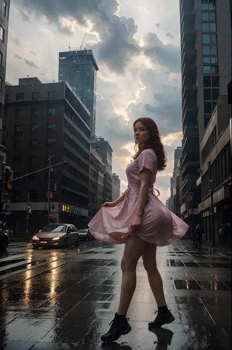 a woman in a pink dress is (walking) down the street, cloudy and rainy weather, delivering packages and boxes, escape from New York, military girl, soaring above a dense city, workers revolution, poster, surveillance, print, ( waitress ) girl, young redhea...