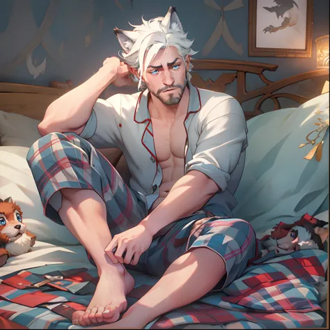 athletic young adult Male with light beard, has flowing white hair, has wolf ears, has wolf tail, shirtless, playful, solo, alone, has goofy look on his face, has bright blue eyes, wearingg plaid pajama pants, barefoot, relaxing on a bed, sleepy