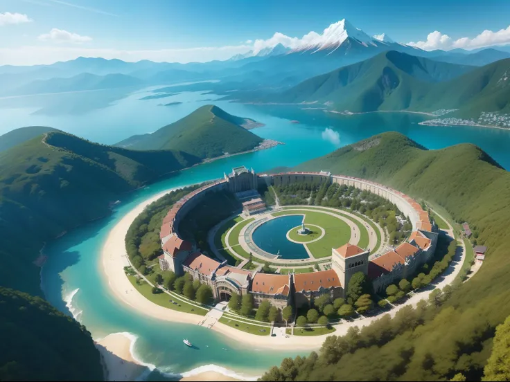 Make a birds eye view of a large comprehensive college，The college is surrounded by mountains、Surrounded by the sea and forests，Fantasy style。