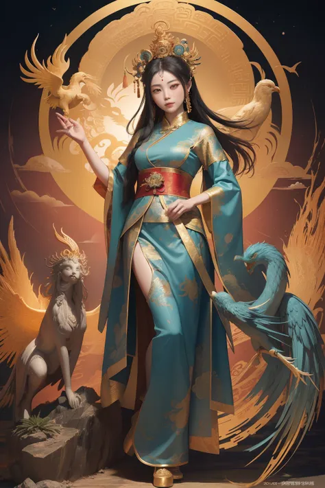 an ancient Chinese goddess, guanyin of the southern seas, Guanyin, Inspired by China, Avalokiteshvara rides a phoenix，,Serene expression,shui mo hua,Buddha,Buddhist,Lotus,Chinese painting style,Thangka style