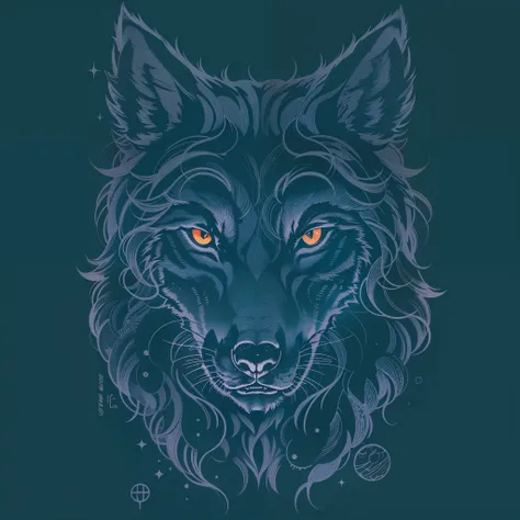 T shirt WOLF writing, wolf line art, black and dark blue background, bright blue, minimal and solid