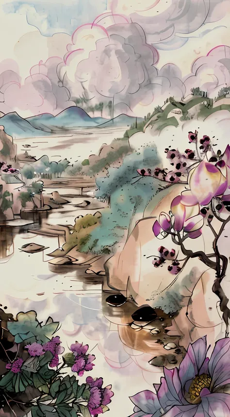 A faint flying bridge spans in the smoke，Iwaso asked the fishing boats to the west。Peach blossoms flow with water all day long，Where is the cave on this side of Qingxi（A landscape painting full of illusory artistic conception）,（There is a huge ripple pool）...