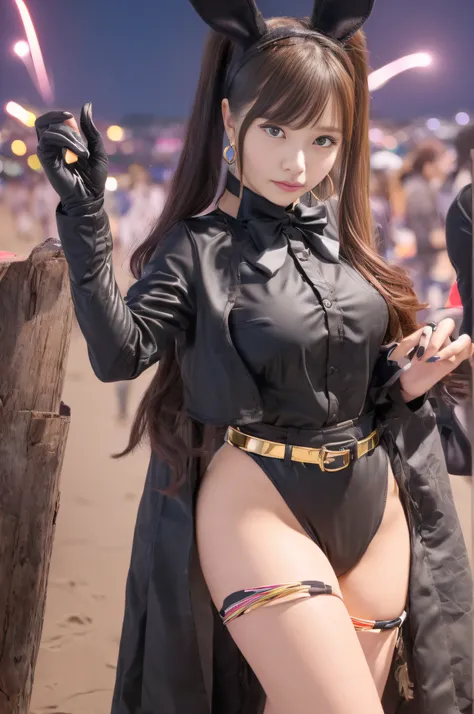 ((((full body focus))))、Maria、((22 years old))、(((Black theme)))、((((Take a selfie with your right hand on your smartphone))))、(((Long ears black bunny girl hair band)))、(((twin-tail hair)))、(((Hair that flutters in the wind)))、Photorealsitic、超A high resol...