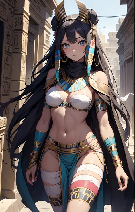 best qualityer，tmasterpiece，Ultimate resolution，downy，Extremely colorful，Colorful，Ancient Egyptian mummy beauty，Beautiful woman wrapped in bandages，Bandages all over the body，bandagens，dont have clothes，Normal posture