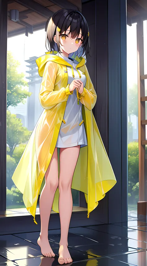 Yellow hood raincoat girl，stand posture，Positive perspective，Barefoot and barefoot，Downpour site，Accentuates the raincoat gel texture，Accentuates the translucent texture of the raincoat。