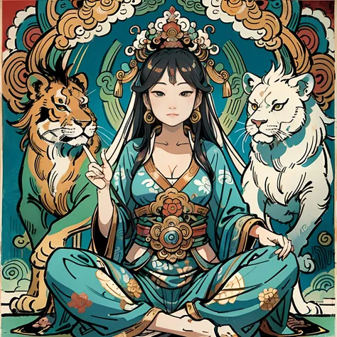 an ancient Chinese goddess, guanyin of the southern seas, Guanyin, Inspired by India, Avalokiteshvara rides a lion，,Serene expression,shui mo hua,Buddha,Buddhist,Lotus,Chinese painting style,Thangka style