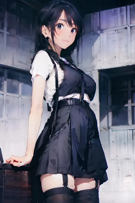 a black skirt, neck tie, Tank tops　suspenders, Long Black Hair, Gray eyes, holster, Garter belt on the legs, Moderately breasts, hands above your head, Big breasts, Pichi Pichi clothes, both sides