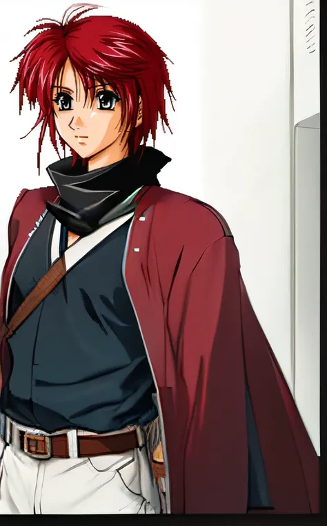 Close-up of a man with red hair and scarf, kakyoin, inspired by Matsumura Goshun, :14 80s anime style, visual novel sprite, seinen manga portrait, boromir in an 80s anime world, Also, inspired by Sakai Hōitsu, Misato Katsuragi, kusanagi