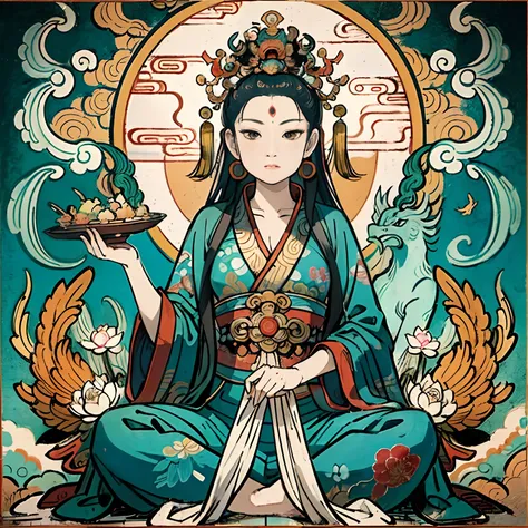 an ancient Chinese goddess, guanyin of the southern seas, Guanyin, Inspired by India, Avalokiteshvara rides a phoenix，,Serene expression,shui mo hua,Buddha,Buddhist,Lotus,Chinese painting style,Thangka style