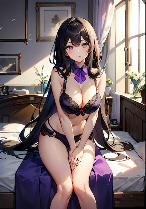 ((tmasterpiece，Best quality))，(teens girl)，(Gorgeous Hair in Long Purple)，(Wear only bras1.9)cleavage，curves，( 1.9)，(Shyness 1.9)，with whole body visible，Blushlush，expressiveless，Bedrooms