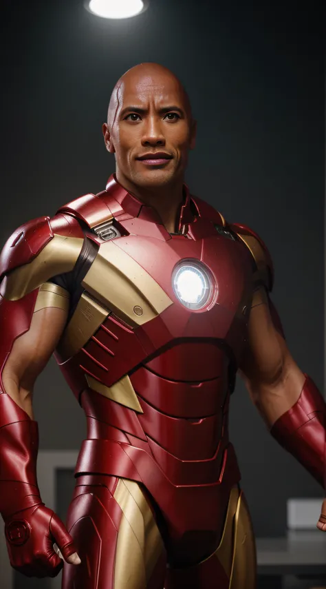 Close-up, homem (ironman suit), (((careca, musculoso, Dwayne Johnson The Rock, sorrindo))), fotorrealista, ultra-detalhado, detalhes intrincados, super detalhado, volumático, HDR, Realistic, Motor irreal, 16k, foco nítido, octan render, da mais alta qualid...