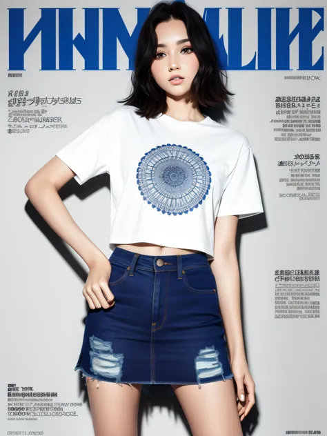 young beautiful girl, super detailed, official art, unity 8k wallpaper, (fashion magazine cover: 1.3), broken denim mini skirt, ...