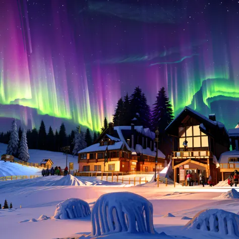 brightly colored auroras shine in the snowy town, psychedelic ski resort, : psychedelic ski resort, rainbow aurora, northern lig...