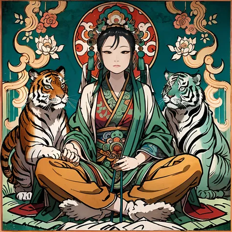 an ancient Chinese goddess, guanyin of the southern seas, Guanyin, Inspired by India, Avalokiteshvara rides a tiger，,Serene expression,shui mo hua,Buddha,Buddhist,Lotus,Chinese painting style,Thangka style